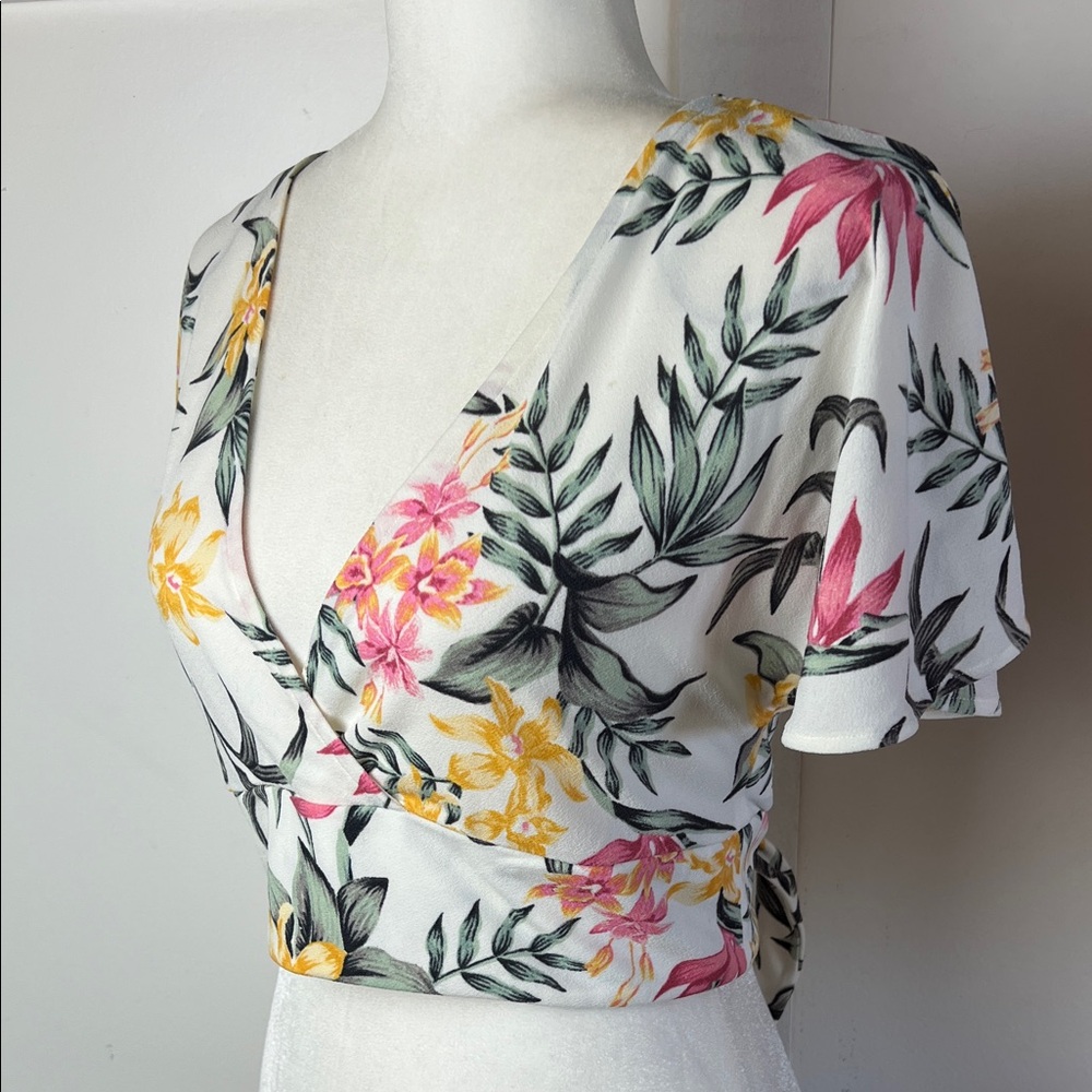 Divided Floral V-Neck Crop Wrap Top - Pink, Yellow, Green - Picture 3 of 5